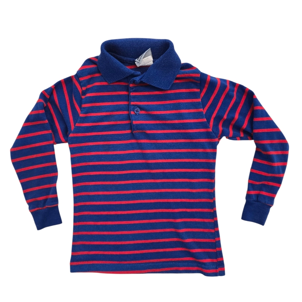 Vintage 1990s Donmoor Striped Long Sleeved Polo Shirt Blue and Red